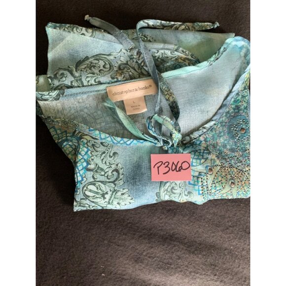 Christopher & Banks Womens Size Large Blue Patterned Polyester Blouse Beaded Det - Picture 14 of 14